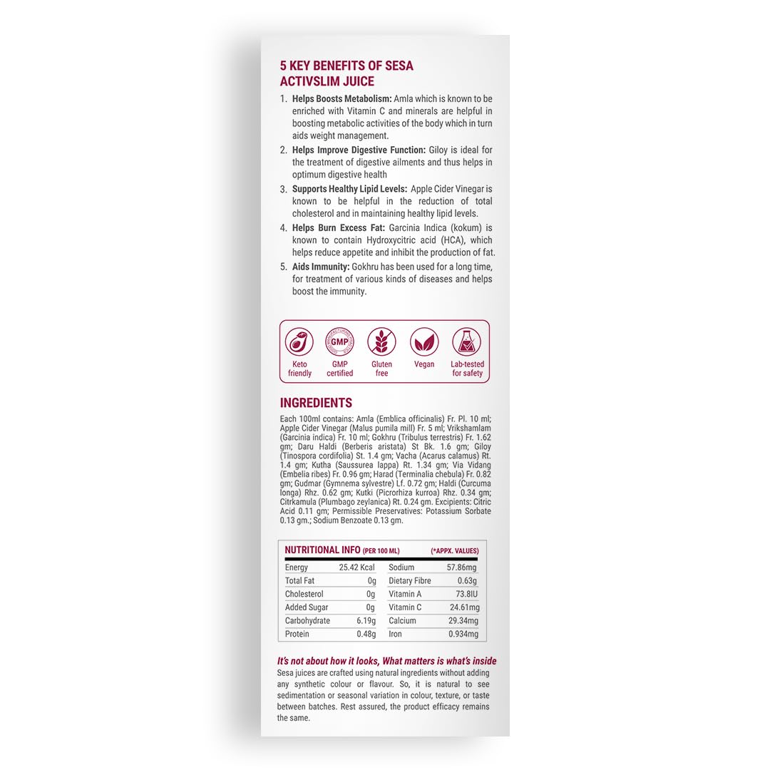 Product label with key benefits and ingredients of Sesa Activslim Juice on a white background