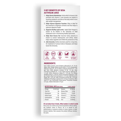 Product label with key benefits and ingredients of Sesa Activslim Juice on a white background