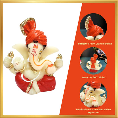 Gold Art India Polyresin Lord Ganesha Idol for Car Dashboard, Home, Office | Ganpati Statue for Mandir Decor | Handcrafted Ganesh Murti (2 x 2.5 inch, Red & Orange)