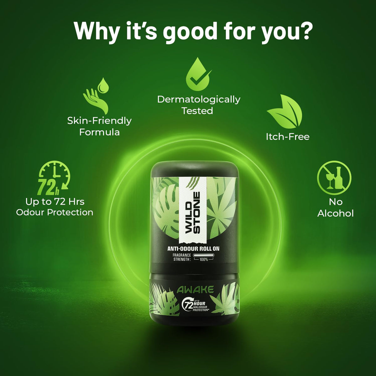 Wild Stone anti-odor roll on with green background and benefits listed