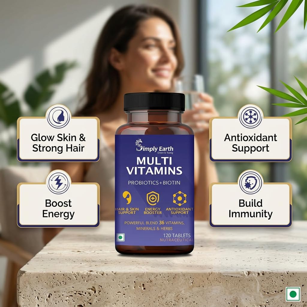 Simply Earth Multivitamin For Men & Women (120 Tablets) With 7 Vital Blends and 36 Nutrients - Probiotics Vitamin C, Zinc & Biotin