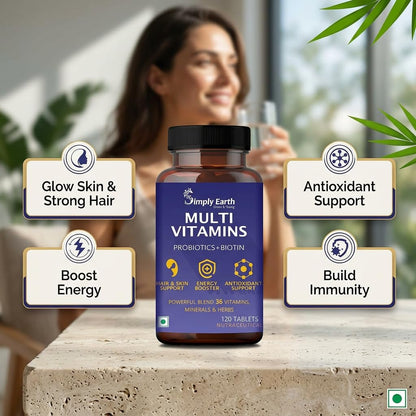 Simply Earth Multivitamin For Men & Women (120 Tablets) With 7 Vital Blends and 36 Nutrients - Probiotics Vitamin C, Zinc & Biotin