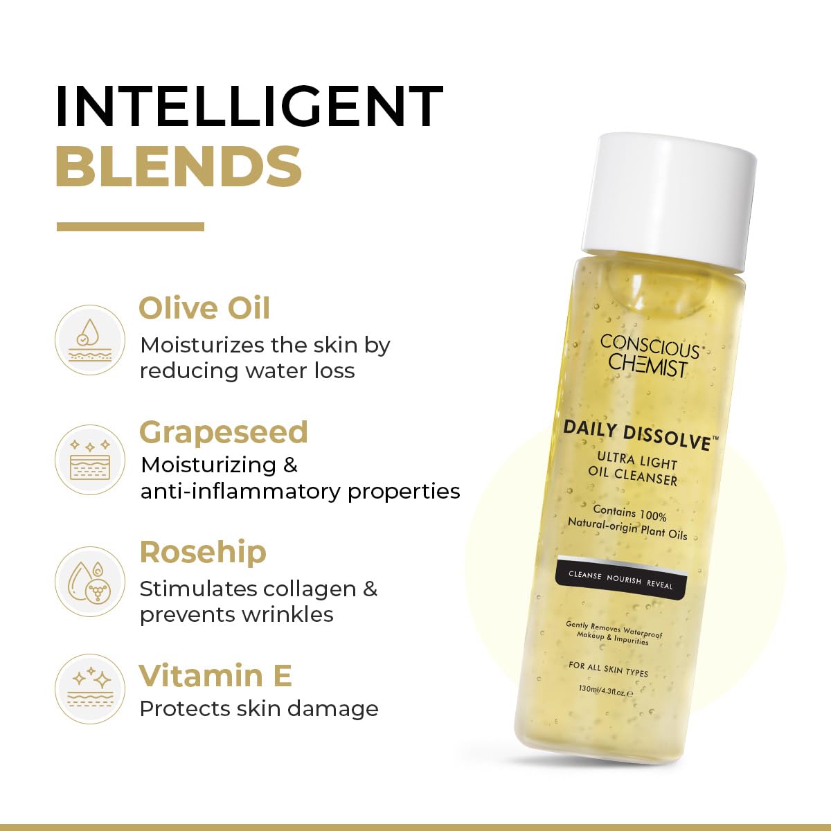 Bottle of 'Daily Dissolve' oil cleanser with ingredients listed on a white background