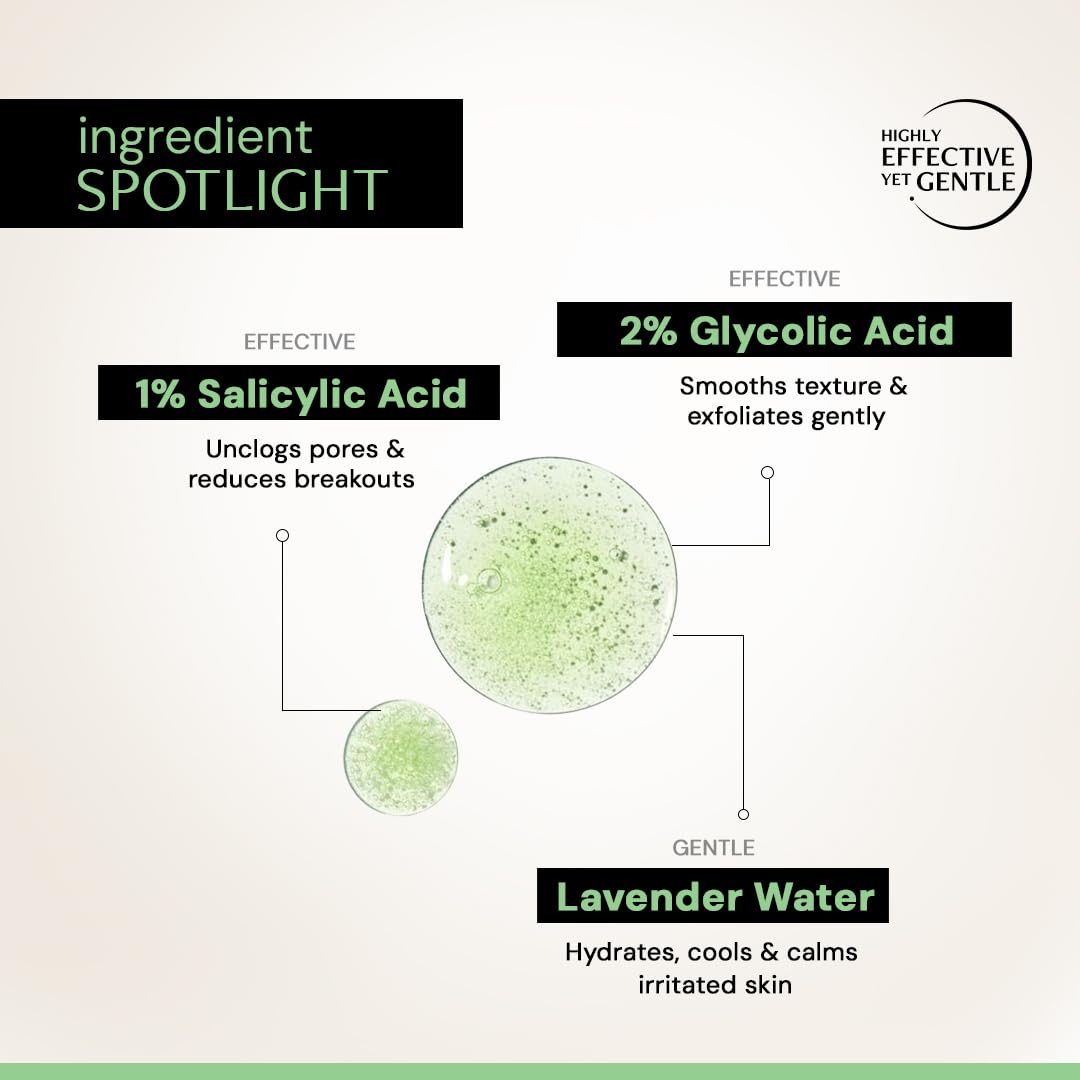 Skincare ingredient spotlight with salicylic acid, glycolic acid, and lavender water on a beige background.