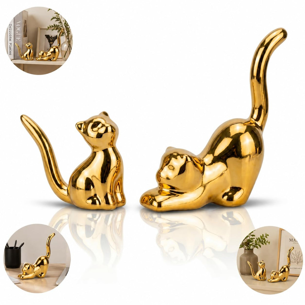 Street27 Home Decor Cat Statues, Modern Style Ceramic Golden Cat Figurine Statues for Home Decor Accents Living Room Office Table Bookshelf Desk Bedroom (2pcs Cute Cat)