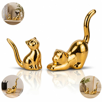 Street27 Home Decor Cat Statues, Modern Style Ceramic Golden Cat Figurine Statues for Home Decor Accents Living Room Office Table Bookshelf Desk Bedroom (2pcs Cute Cat)