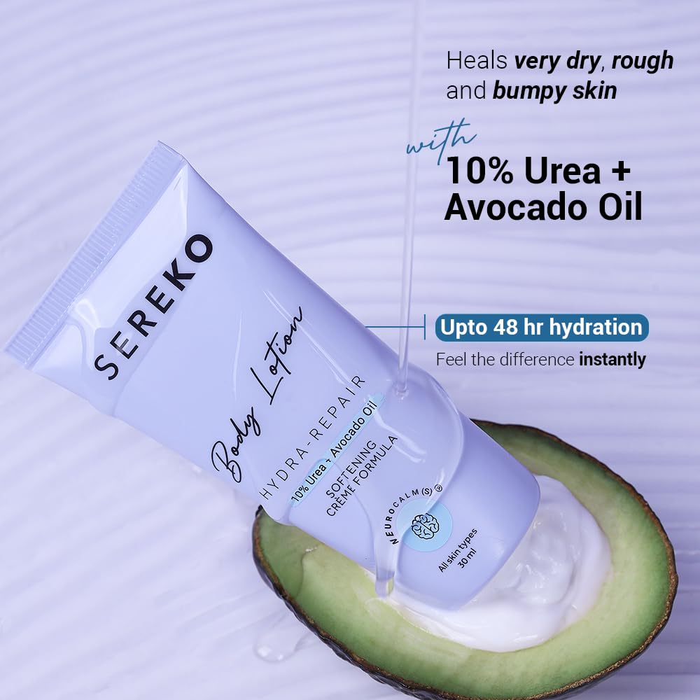 Sereko body lotion tube with avocado half and text highlighting benefits on a light background