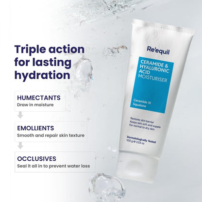 Tube of Re'equil Ceramide & Hyaluronic Acid Moisturizer with hydration benefits text on a light background