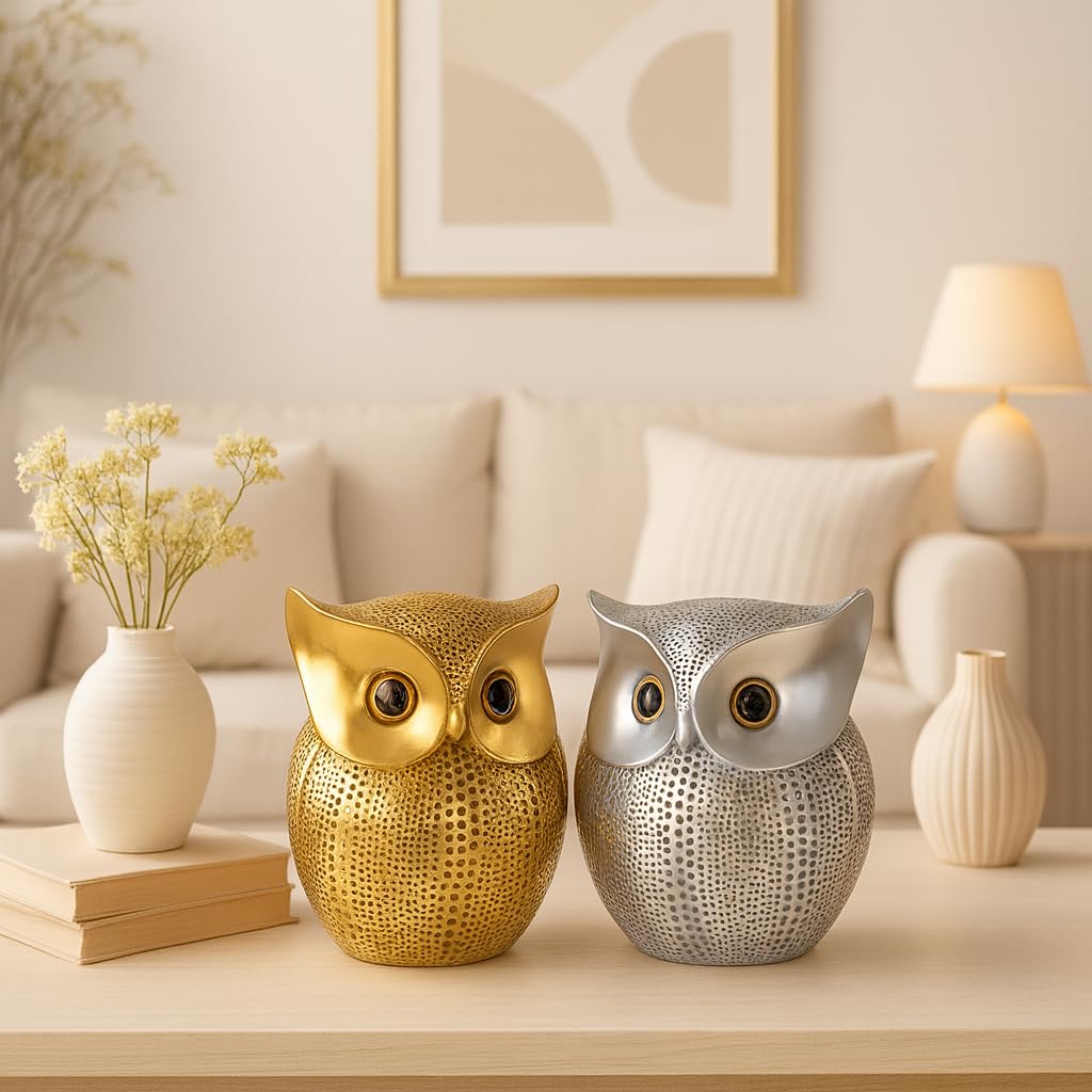 Modern Classy Lucky Owl Combo Resin Art Figure Showpiece (Pack of 2, Golden and Silver)