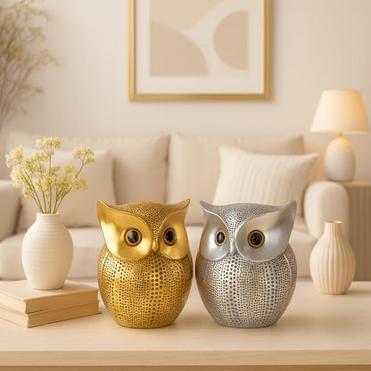 Modern Classy Lucky Owl Combo Resin Art Figure Showpiece (Pack of 2, Golden and Silver)