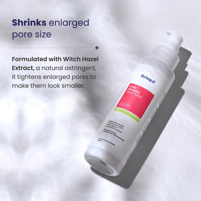 Skincare product bottle with text about pore shrinking properties on a light background