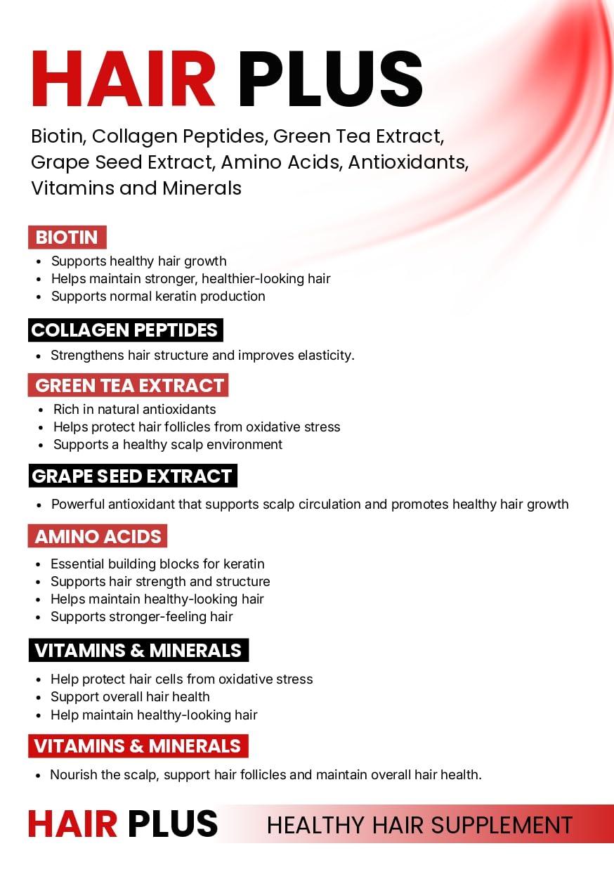 Hair Plus Healthy Hair Supplement Tablets | With Biotin Collagen Peptides Green Tea Extract Grape Seed Extract Amino Acids Vitamins & Minerals | 10 Tablets