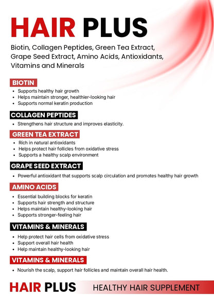 Hair Plus Healthy Hair Supplement Tablets | With Biotin Collagen Peptides Green Tea Extract Grape Seed Extract Amino Acids Vitamins & Minerals | 10 Tablets