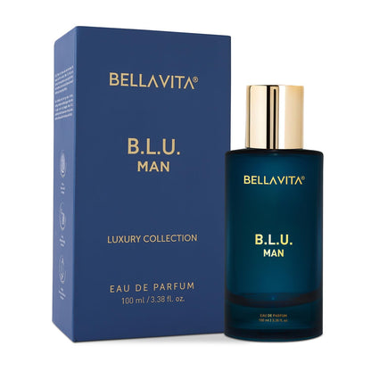Bellavita B.L.U. Man eau de parfum bottle and packaging on a white background