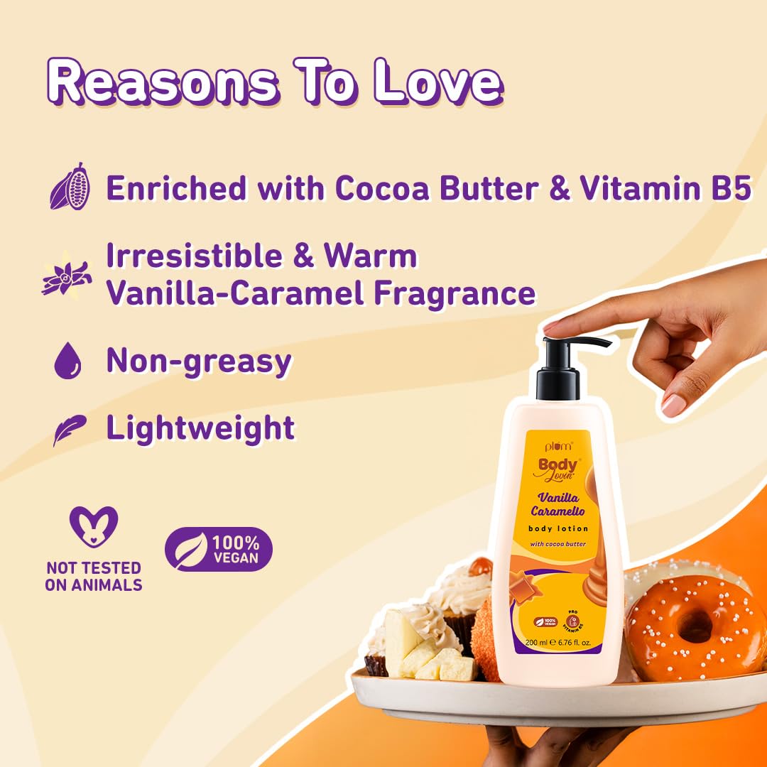 Plum BodyLovin' Vanilla Caramello Body Lotion | Cocoa Butter & Vitamin B5 for Deep Moisturization | Non-Greasy | Soft & Glowing Skin | for Dry to Very Dry Skin | Warm & Cozy Vanilla Fragrance – 200ml | Exclusively Available on Amazon