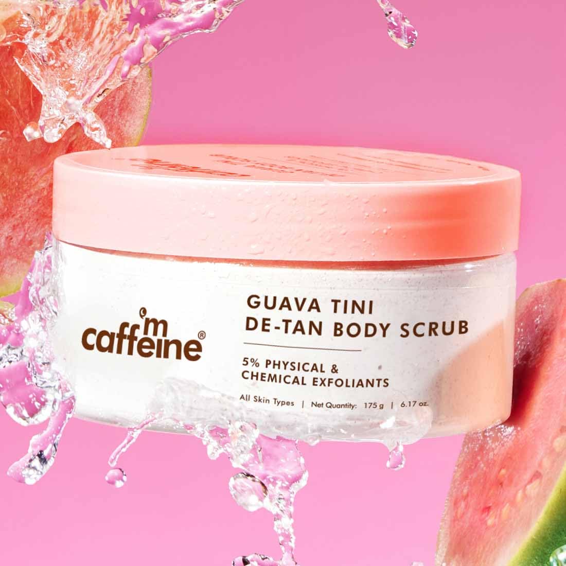 mCaffeine Dual Action Guava De-Tan Body Scrub with 5% Natural & Chemical Exfoliants | Glycolic, Lactic & Salicylic Acid | Reduces Tan & Brightens Skin | Fruity, Guava Fragrance - 175g