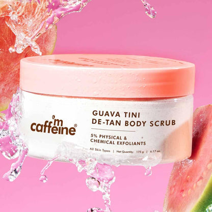 mCaffeine Dual Action Guava De-Tan Body Scrub with 5% Natural & Chemical Exfoliants | Glycolic, Lactic & Salicylic Acid | Reduces Tan & Brightens Skin | Fruity, Guava Fragrance - 175g