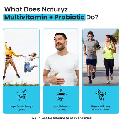 Advertisement for Naturyz Multivitamin + Probiotic showing people exercising and a man with a full stomach, with text explaining benefits.