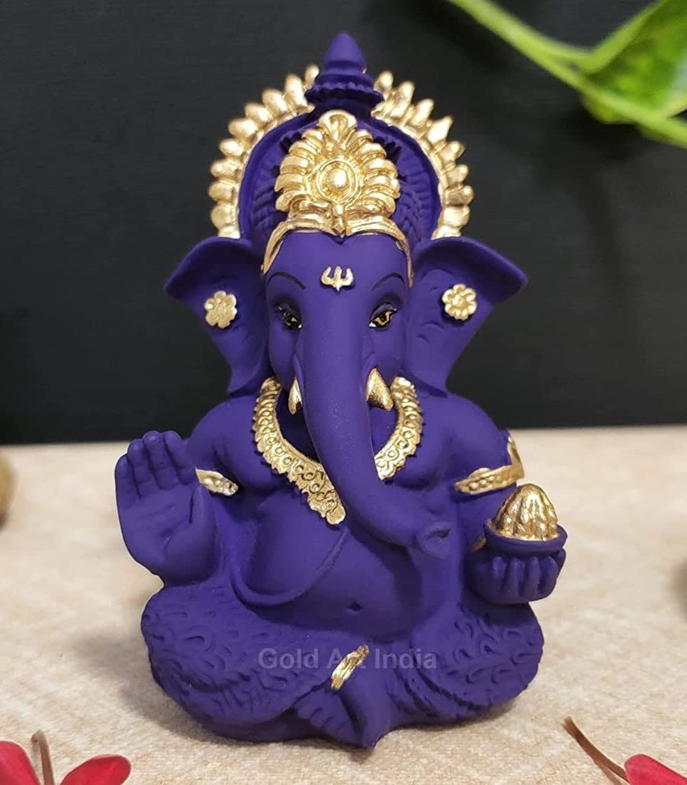 Gold Art India Beautiful Terracotta Ganesha in Violet - A Festive and Auspicious Addition to Your Home or Car(MukutVioletTerra)