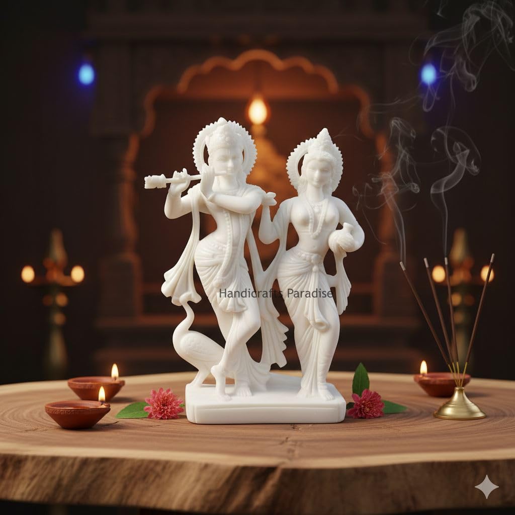 Handicrafts Paradise White Marble Radha Krishna MurtiHandcrafted Statue Showcasing Krishna with Flute God Idol for Home Temple Decor & Devotional Gift - 7 Inch