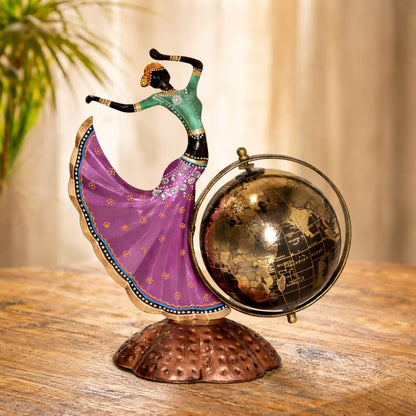 Home and Office Decorative Globe Metal Table Top Showpiece Globe, Home Rajasthani Dancing Lady Decoration items, Decor and Gift for Living Room, Bedroom, Showcase, Desk Gifts for Woman Man