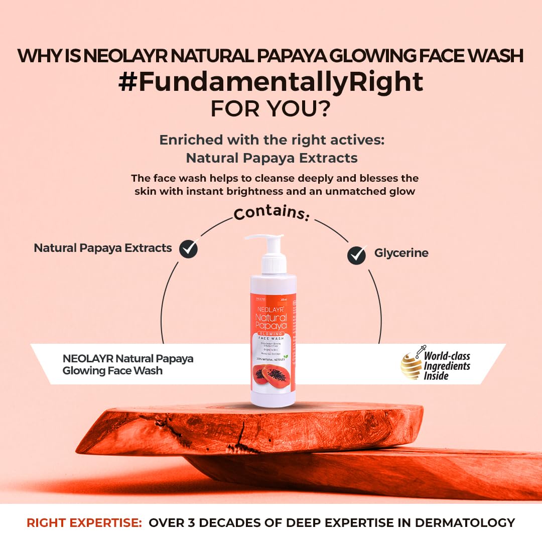 NEOLAYR Natural Papaya Glowing Face Wash | With Papaya Extracts | Gives instant Glowing & Radiant Face | Brightens Skin - Added Moisturiser,200 ml