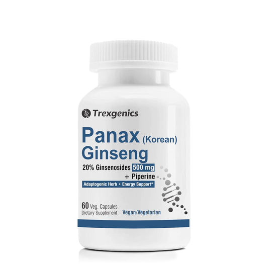 Supplement bottle labeled 'Panax (Korean) Ginseng' by Trexgenics on a white background