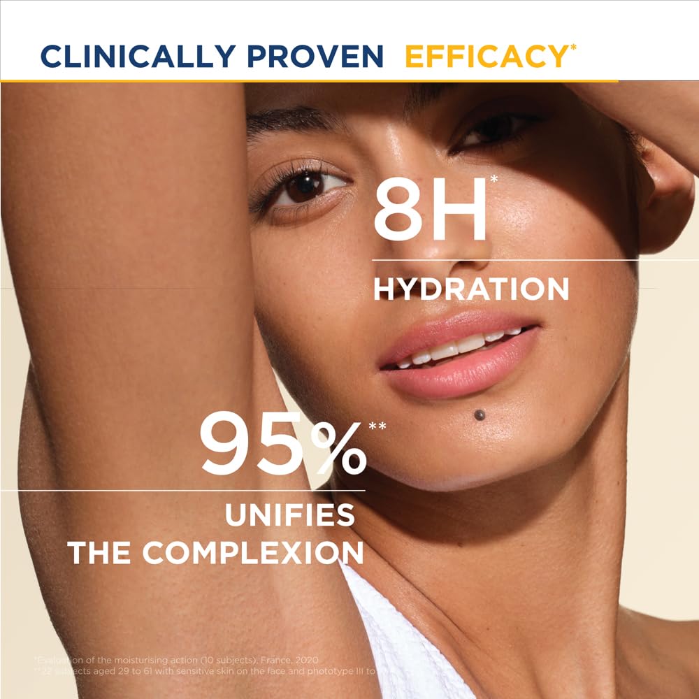 Advertisement for skincare product with text about hydration and complexion uniformity.