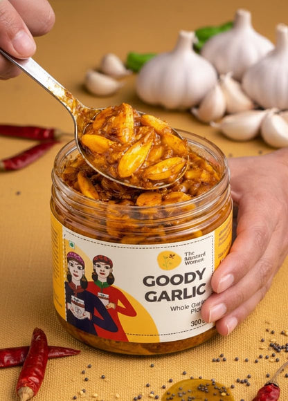 The Mustard Women Goody Garlic Pickle 300 g | Himachali Lahsun Achar | Homemade Style Indian Pickle | Tangy & Spicy Garlic Pickle with Traditional Spices