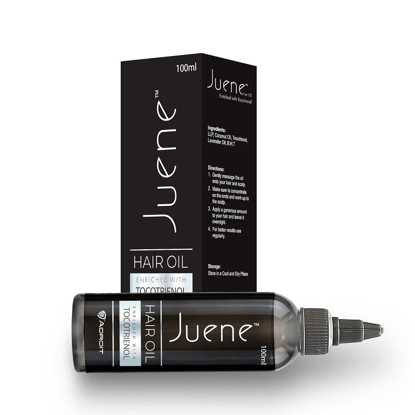 Juene hair oil bottle and packaging on a white background