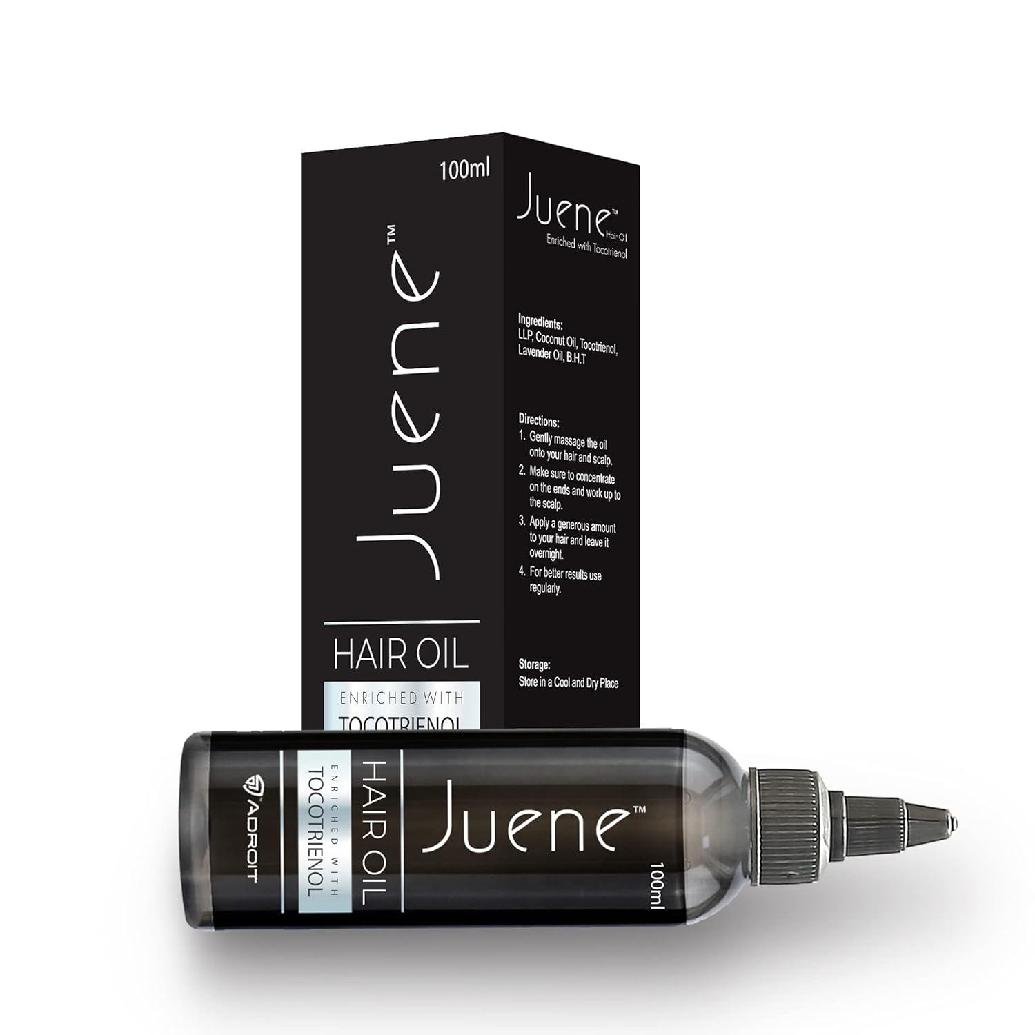 Juene hair oil bottle and packaging on a white background