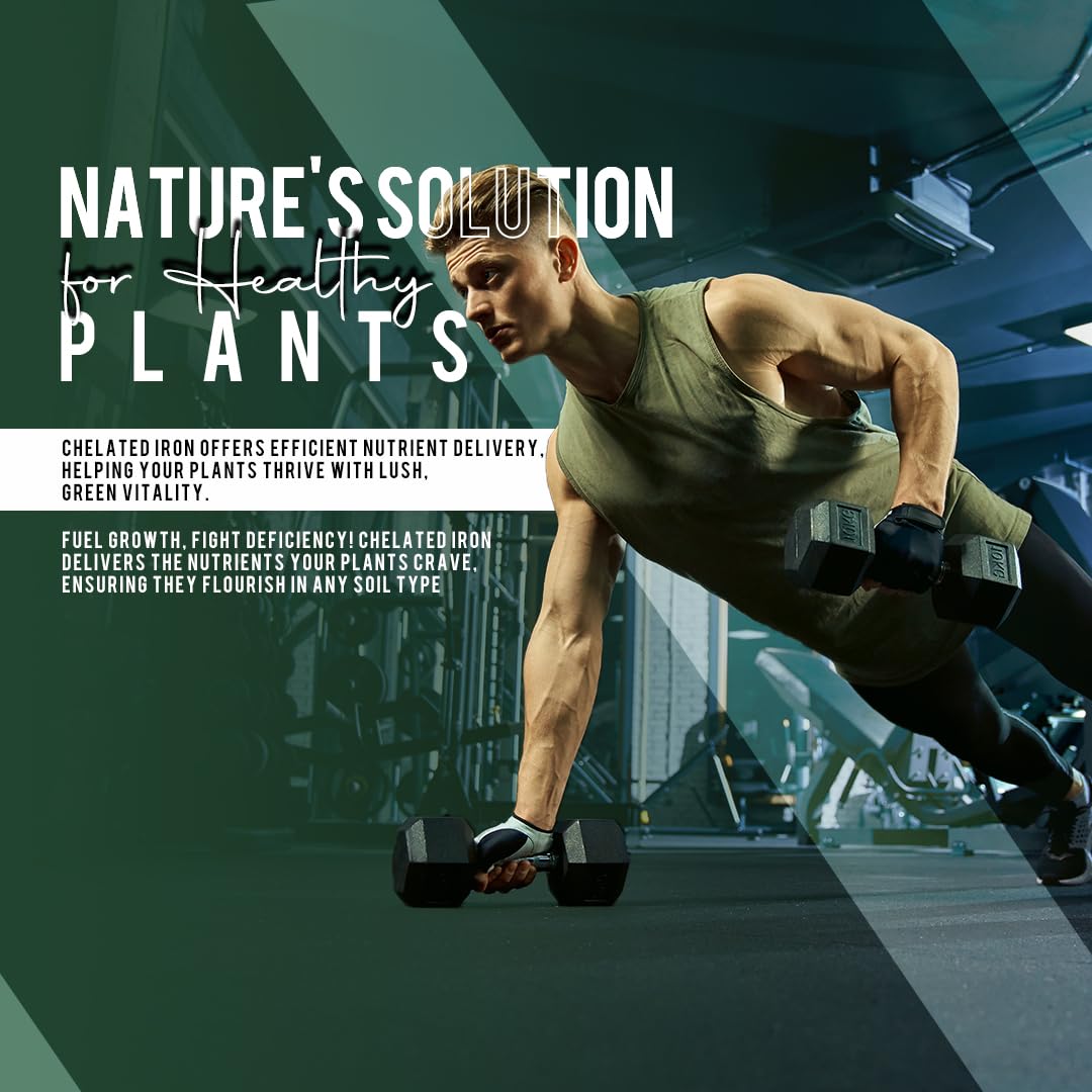 Person lifting weights with text about 'Nature's Solution for Healthy Plants' in a gym setting