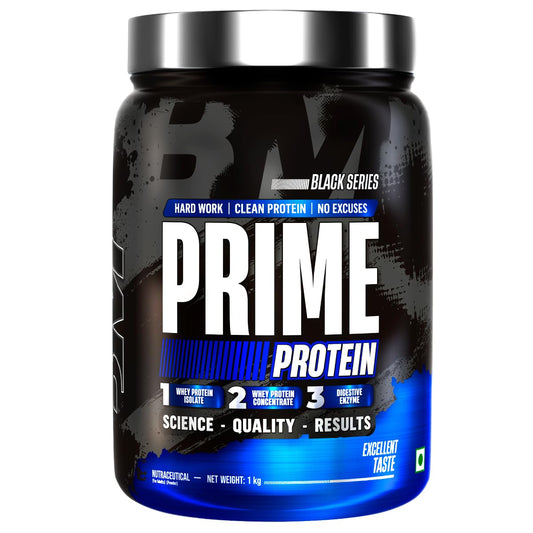 Black and blue protein powder container with 'PRIME PROTEIN' branding on a white background