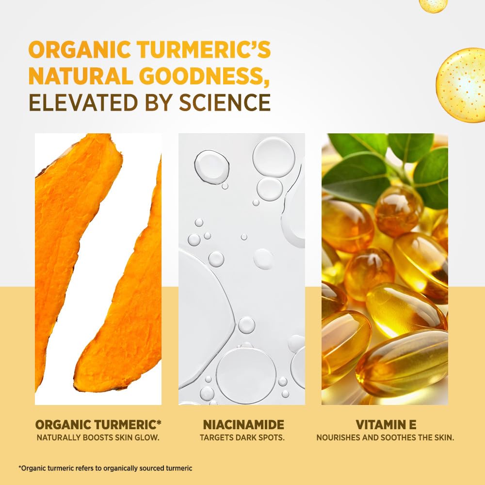Promotional graphic highlighting organic turmeric, niacinamide, and vitamin E with corresponding benefits.