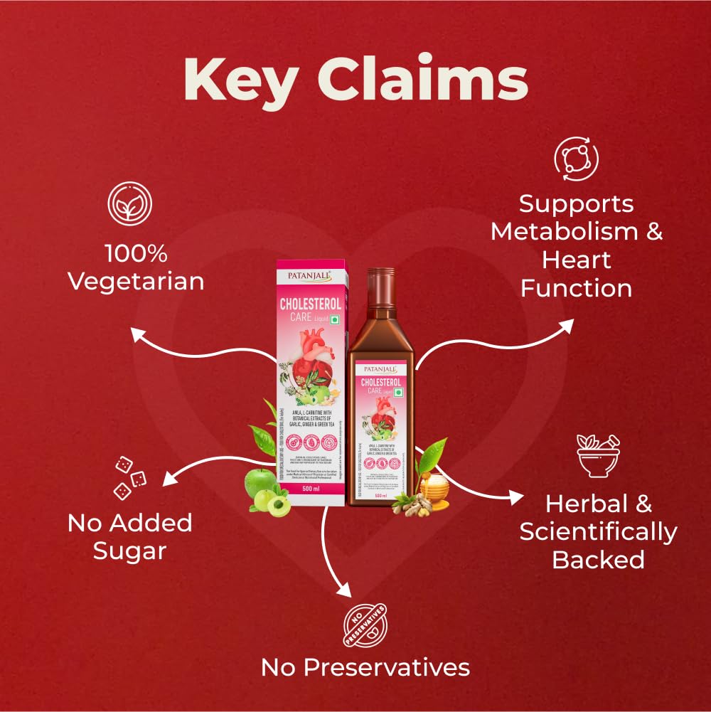NUTRELA Patanjali Cholesterol Care Liquid | Heart Health Supplement with Amla, L-Carnitine & Garlic | Plant-Based & Vegetarian | 500 Ml