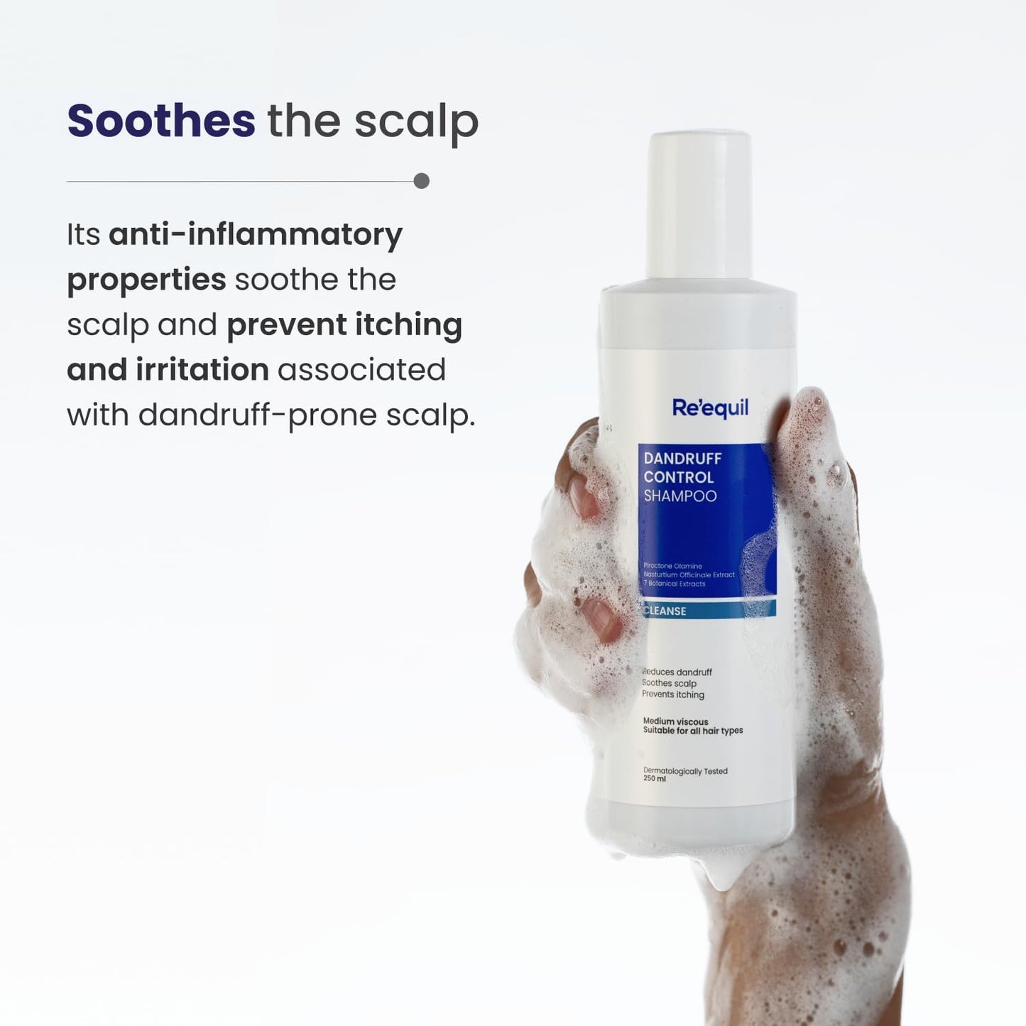 Bottle of Re'equil shampoo held by a hand with text about scalp soothing properties.