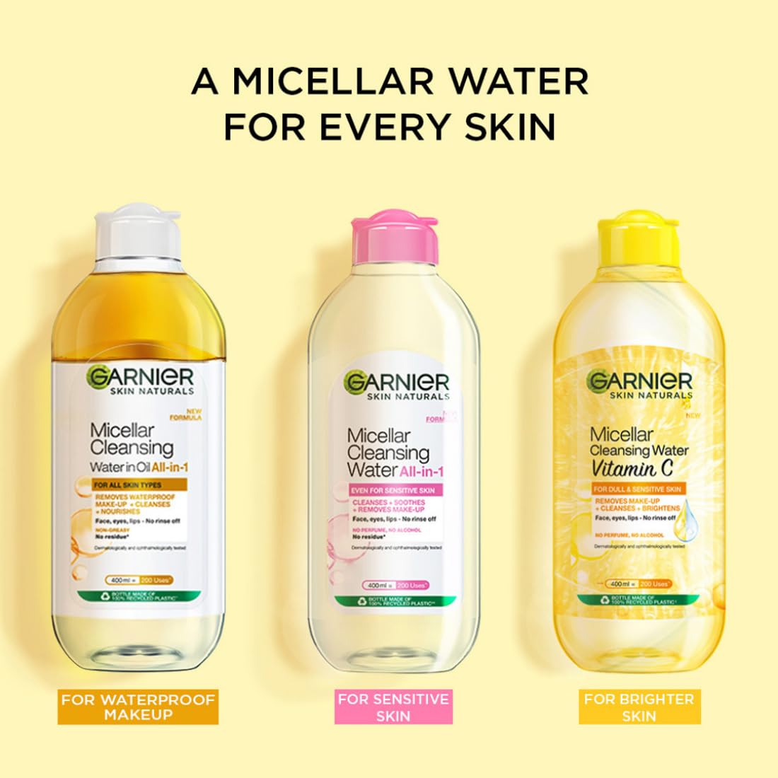 Three bottles of Garnier micellar water on a yellow background with product names and uses displayed.