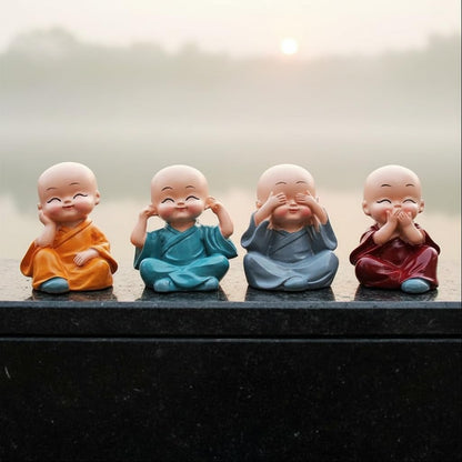 Buddha Monk Statues Set of 4 – Miniature Buddha Monk Statues for Home Decor and Gifts, Multicolour Resin Showpiece for Indoor | Cute Monk Figurines | Ideal Gift for Birthday