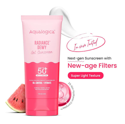 Aqualogica Radiance+ Dewy Gel Sunscreen SPF 50+ PA++++, 80g | 2% Nia-Hyaluron Complex | Broad Spectrum UVA/UVB & Blue Light Protection | Fragrance-Free | No White Cast | Lightweight | Anti-Pollution | For Men & Women
