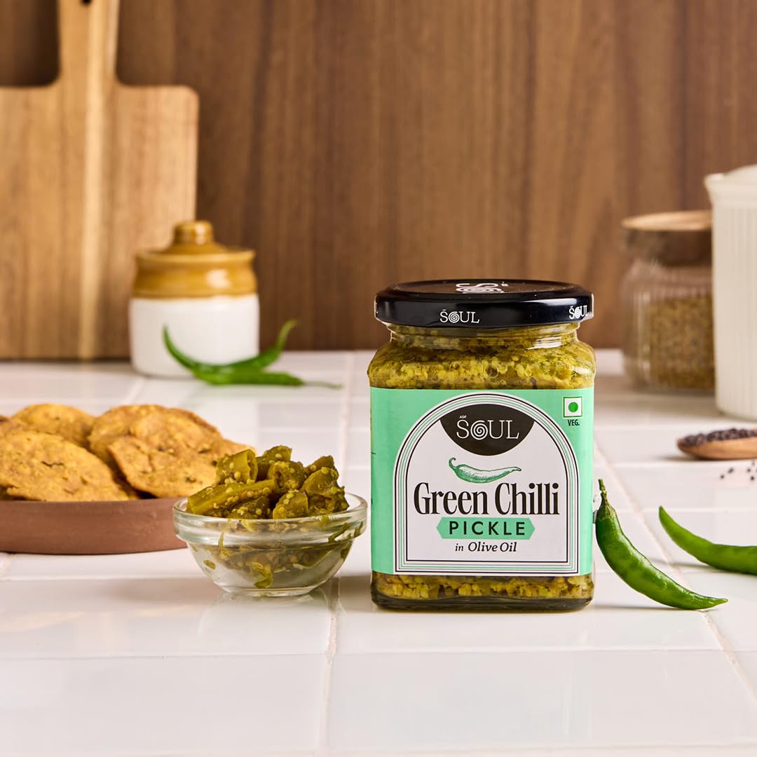 ADF Soul’s Spicy green chillies pickled in 100% Olive Oil with bold, tangy and traditional Indian spices | 265g