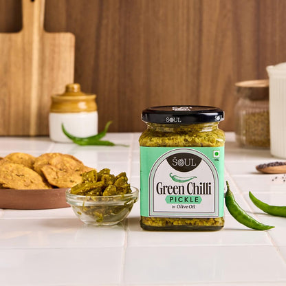 ADF Soul’s Spicy green chillies pickled in 100% Olive Oil with bold, tangy and traditional Indian spices | 265g