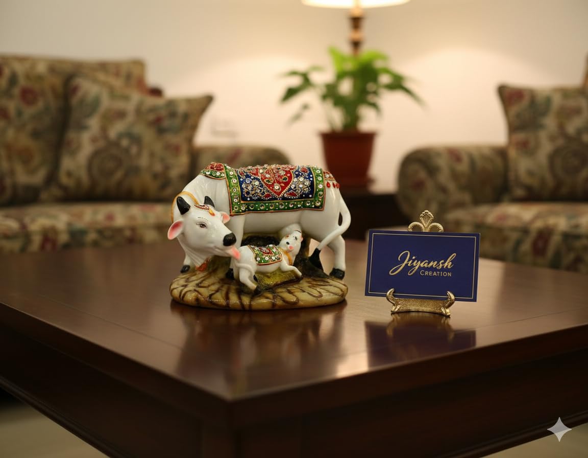 JIYANSH Creation Kamdhenu Cow and Calf Statue for Home Decor - Handcrafted Polyresin Marble Finish Vastu Showpiece for Living Room Pooja Mandir - Large 6 Inch (White Gold)