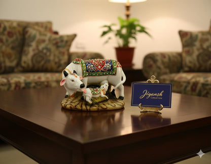JIYANSH Creation Kamdhenu Cow and Calf Statue for Home Decor - Handcrafted Polyresin Marble Finish Vastu Showpiece for Living Room Pooja Mandir - Large 6 Inch (White Gold)