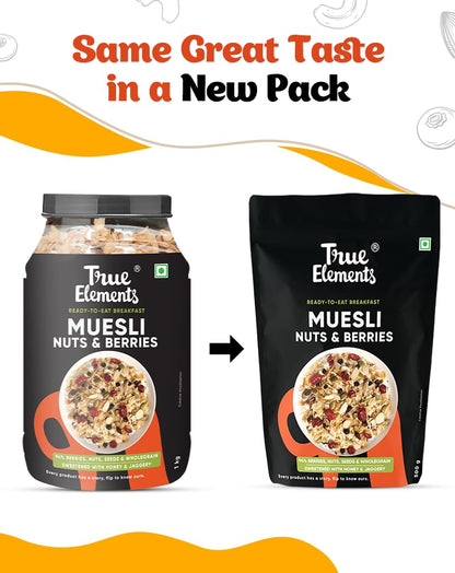 True Elements Crunchy Nuts & Berries Muesli 1kg - With 13g Clean Protein | Almonds, Seeds & Real Cranberries | With Jowar Millets | Crunchy Wholegrain Muesli | No Added Refined Sugar
