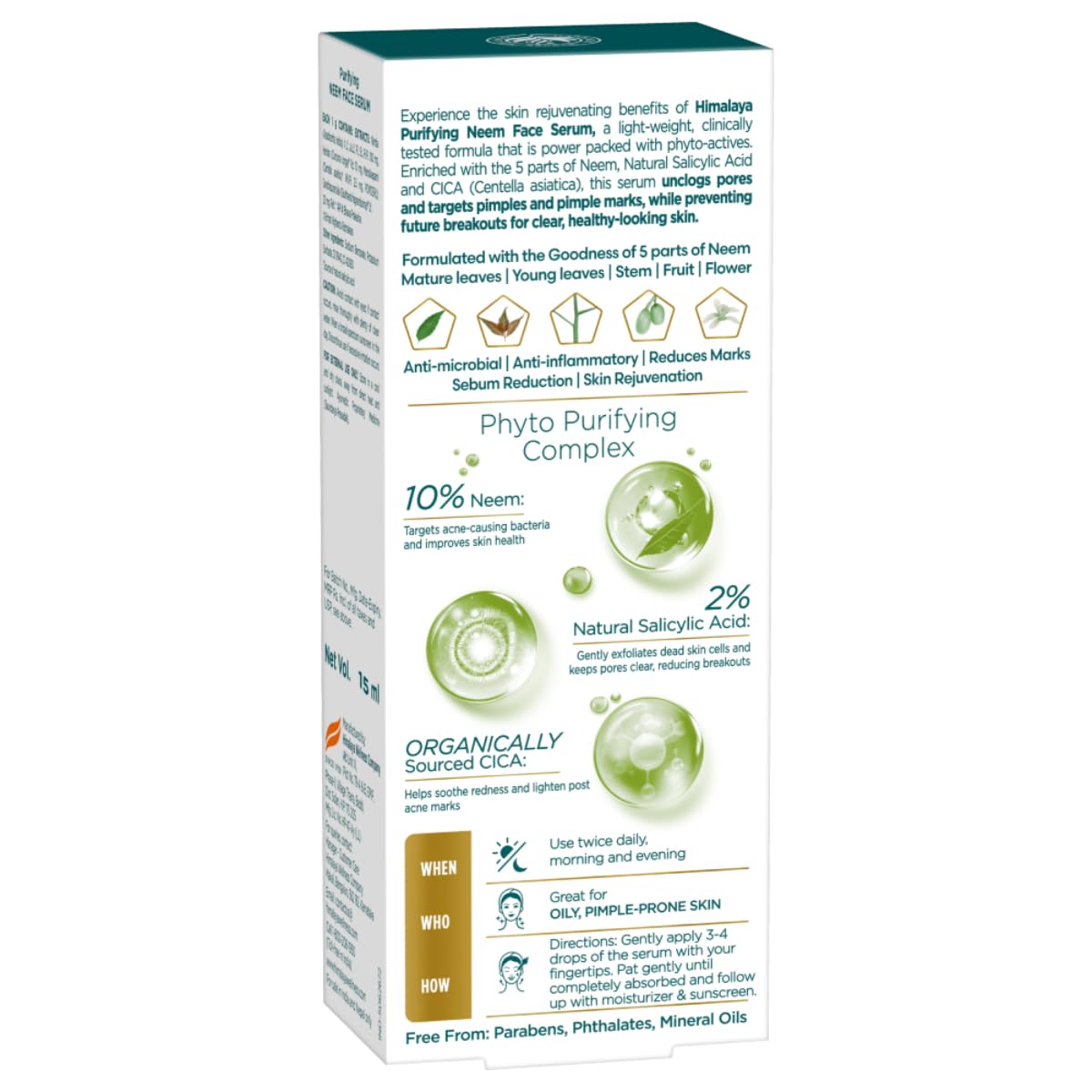Himalaya Purifying Neem Face Serum | 2% Natural Salicylic Acid & Cica & Neem | Reduces Acne & Acne Marks | Tightens pores & soothes inflammation | Made with 98% Natural Origin Ingredients | Made for Acne prone skin | 15 ml