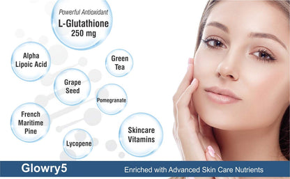 Woman's face with skincare ingredients and Glowy5 branding on a white background