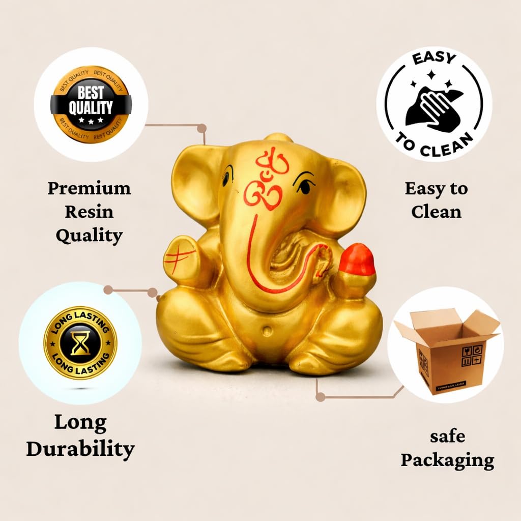 Resin Lord Ganesha Idol Car Dashboard 5x5cm (Golden)