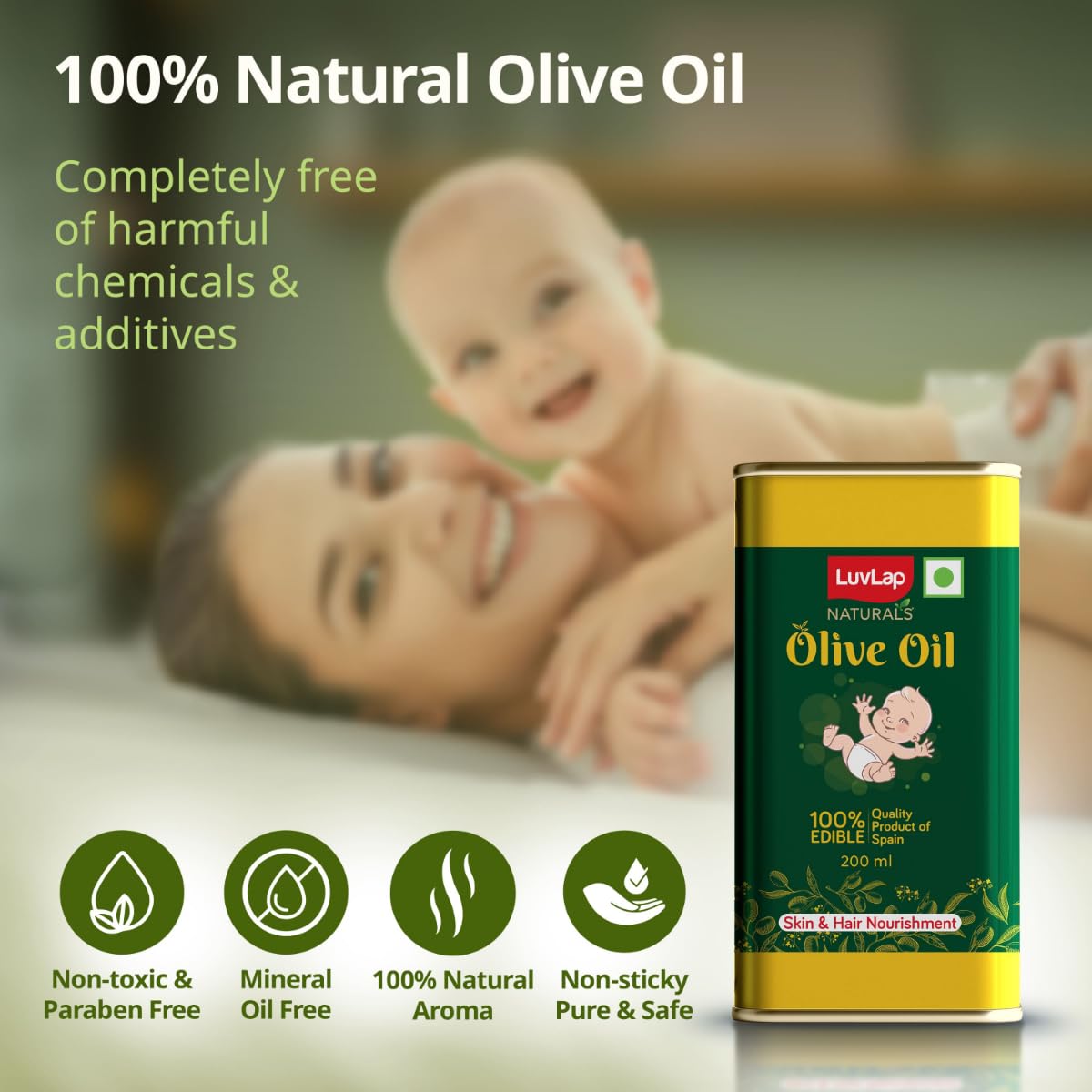 LuvLap Naturals Baby Body Massage Olive Oil, 100% Olive Oil for New Born, 200 ML, Spanish Premium, Enriched with Vitamin E, Enhances Bone & Muscle Strength