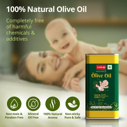 LuvLap Naturals Baby Body Massage Olive Oil, 100% Olive Oil for New Born, 200 ML, Spanish Premium, Enriched with Vitamin E, Enhances Bone & Muscle Strength
