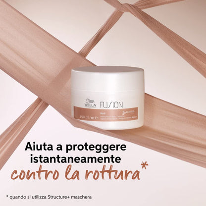 Wella Fusion hair care product jar with text on a wooden background